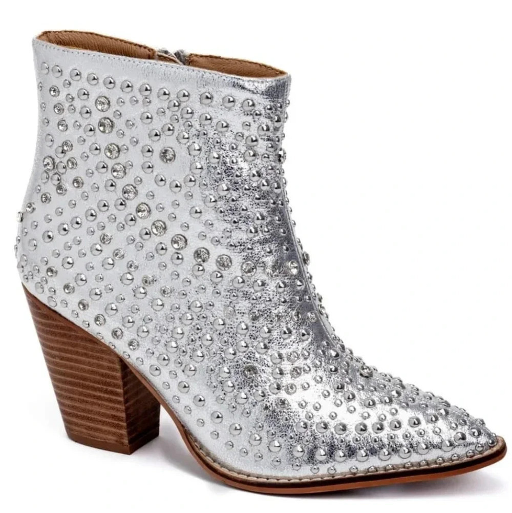 Corkys Line Dance Silver Metallic Studded Crystal Western Ankle Boots New